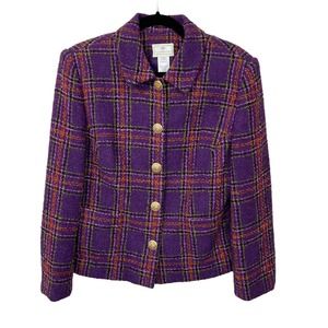 Vintage Susan Bristol Womens Purple Plaid Ornate Button Wool Jacket Size 12